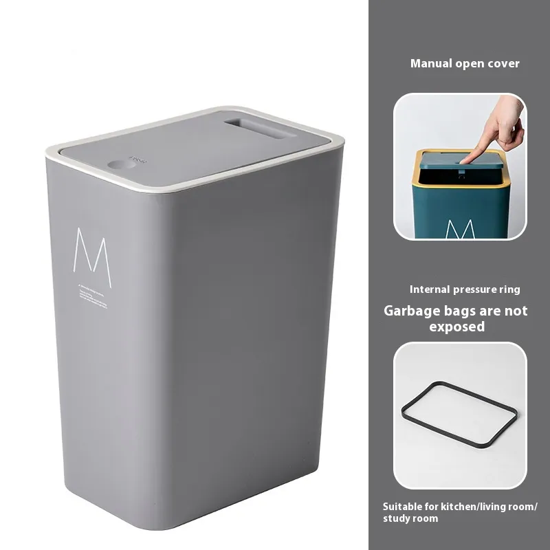 Trash Can Large Household Thickened With Lid - Grey Pressure Ring M Printing
