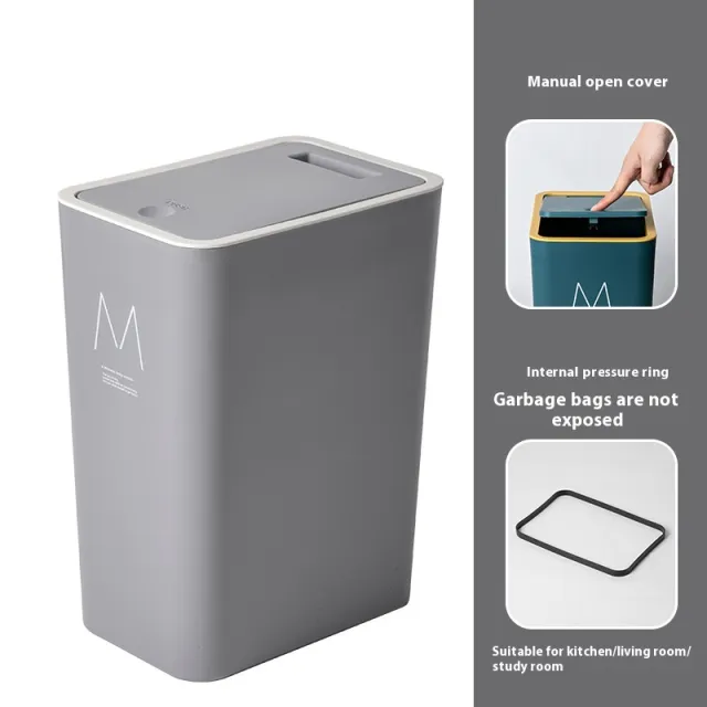 Trash Can Large Household Thickened With Lid Gray Pressure Ring M Printing - Shop at LoveMi