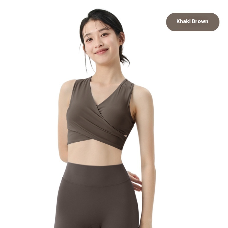 Women's Solid Color Deep V Cross Pleated Slim Vest Kaki Brown - Shop at LoveMi