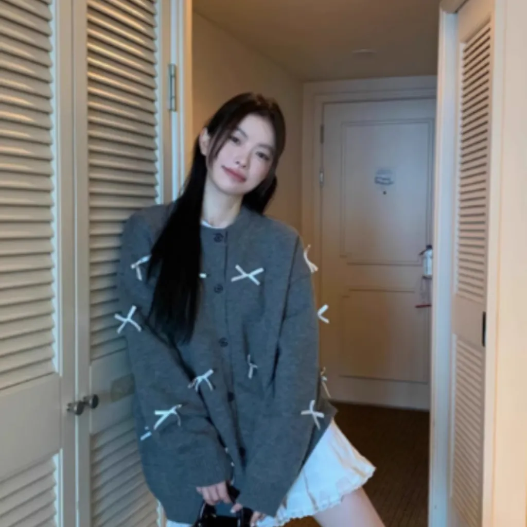 Bow Tie Round Neck Sweater Jacket For Women, Loose In Winter - Grey