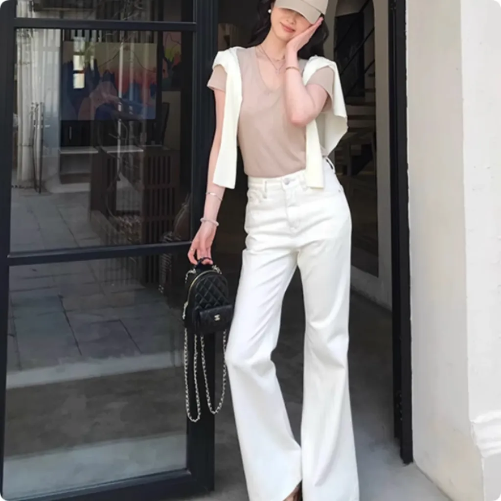 High Waisted Slim Pants With Straight Leg And Wide Leg Pants For Floor Dragging - White