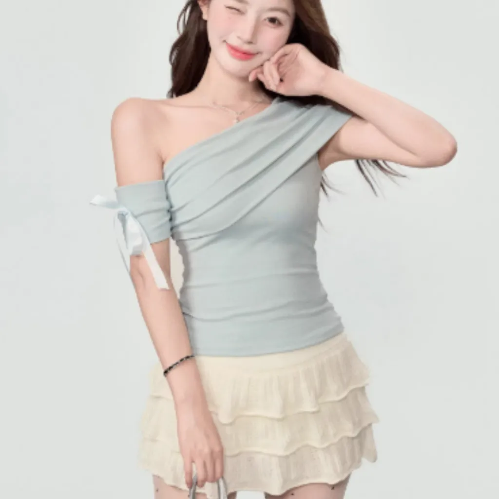 New Slim Fit And Slimming One Shoulder Off Top - Bluegreen