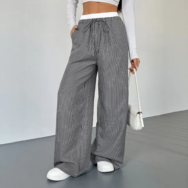 Women's Stitching Striped Casual Trousers Black - Shop at LoveMi