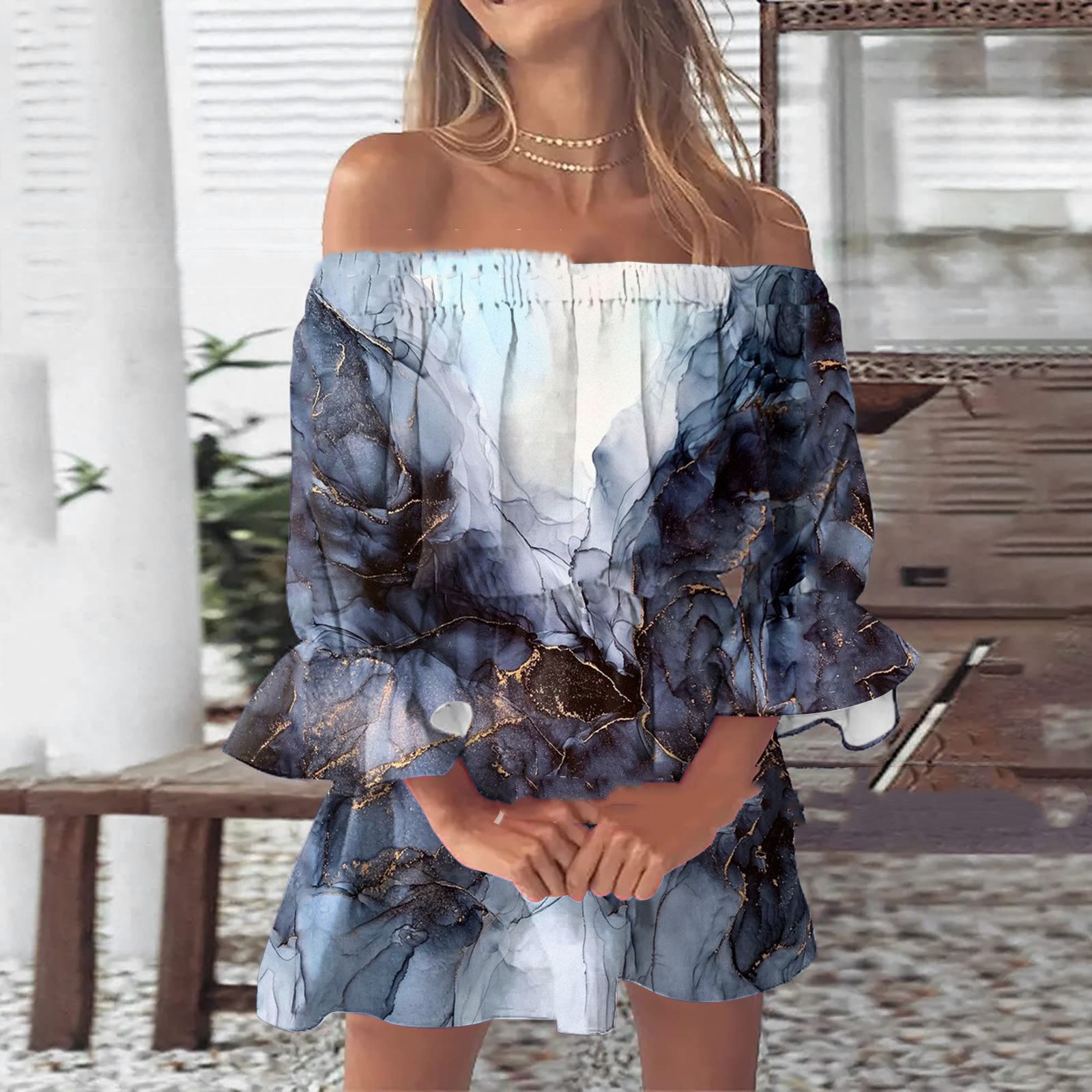 Off shoulder Pleated Skirt Printing 5 Style - Shop at LoveMi