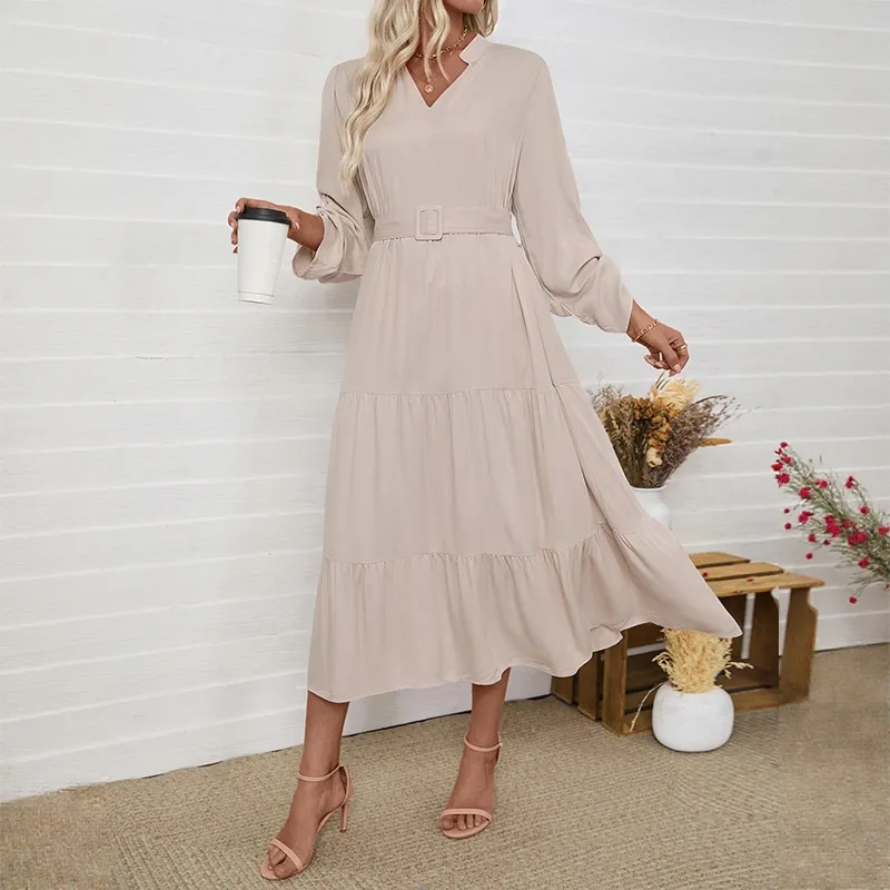 Simple Elegant Long Sleeve Solid Color Dress - Apricot