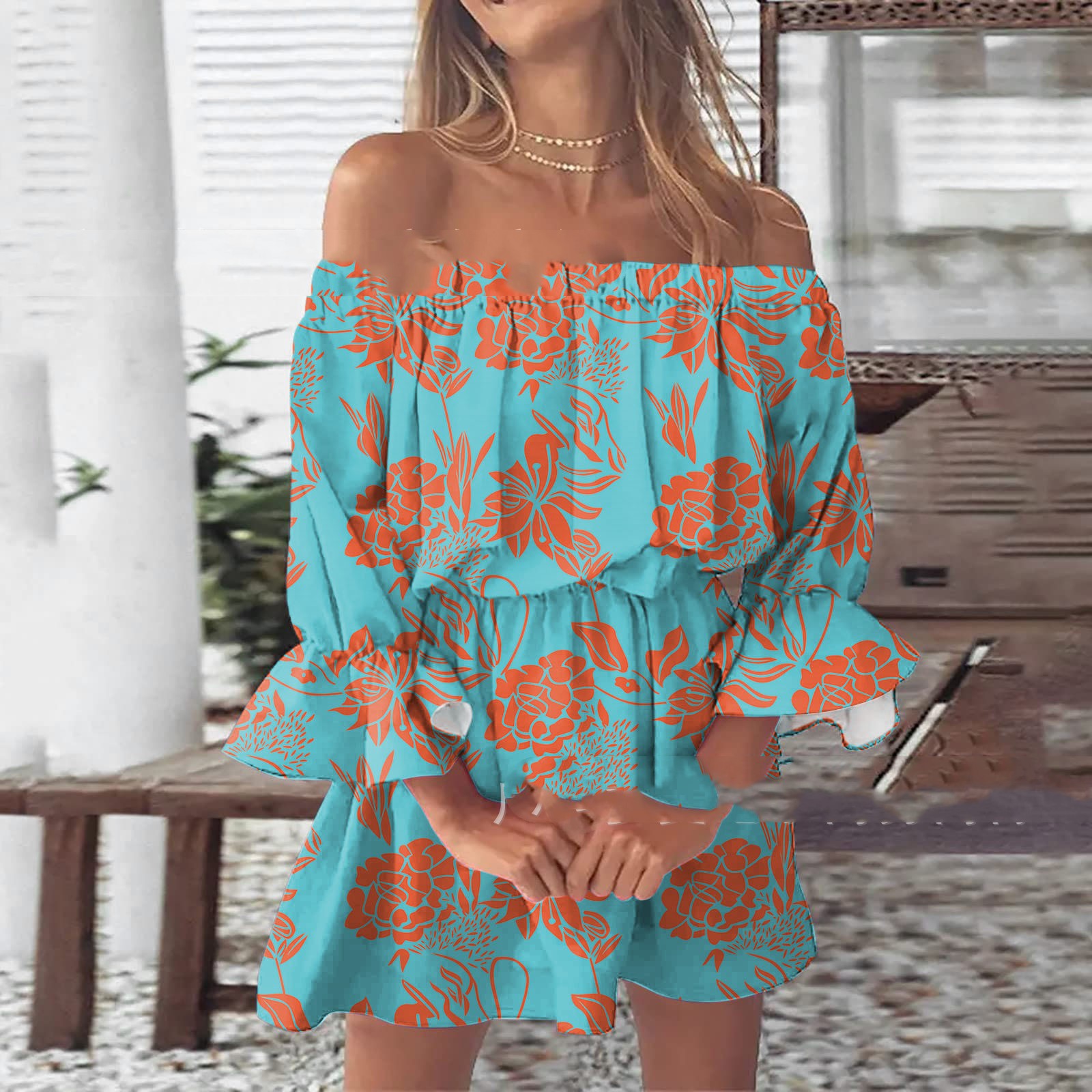 Off shoulder Pleated Skirt Printing 4 Style - Shop at LoveMi