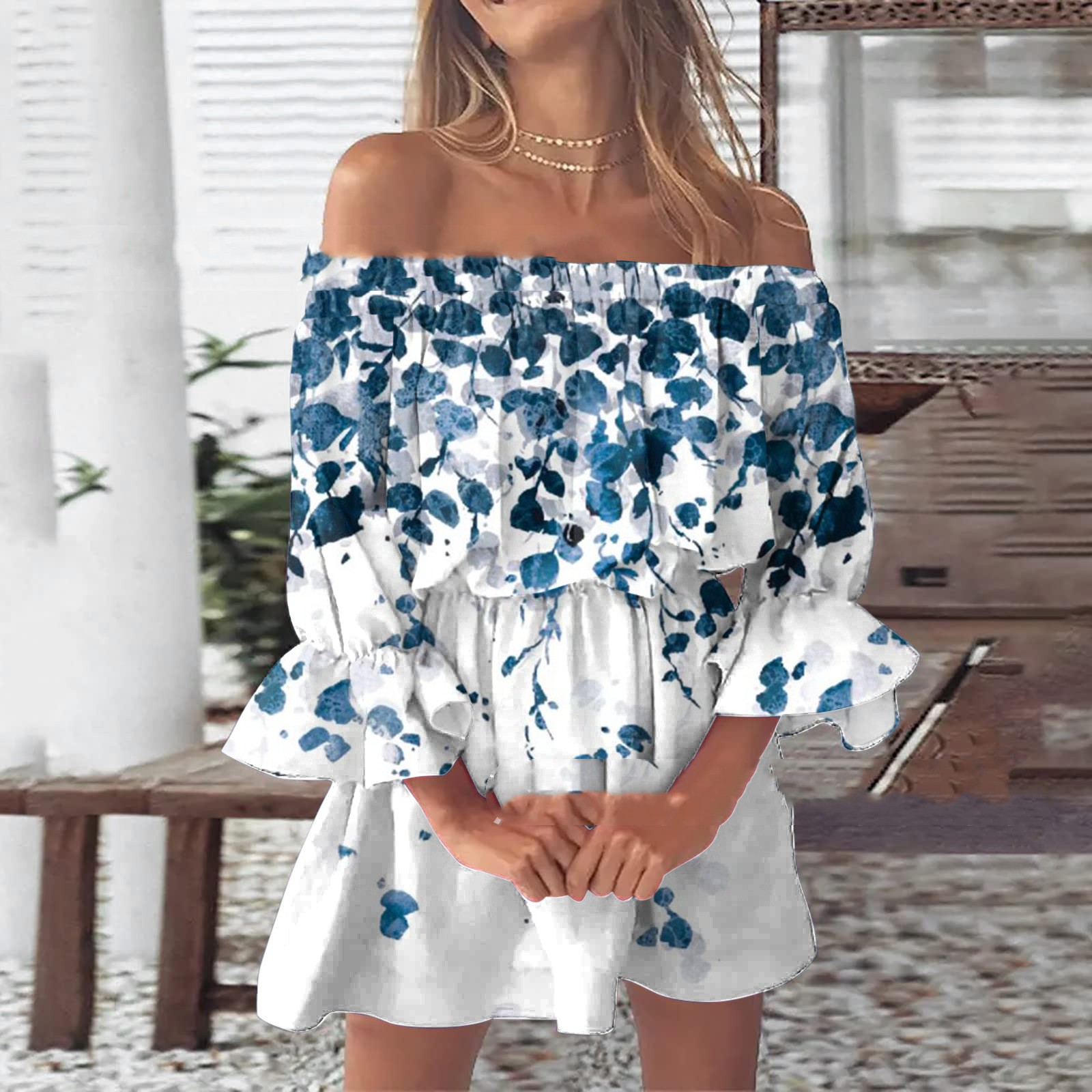 Off shoulder Pleated Skirt Printing 8 Style - Shop at LoveMi