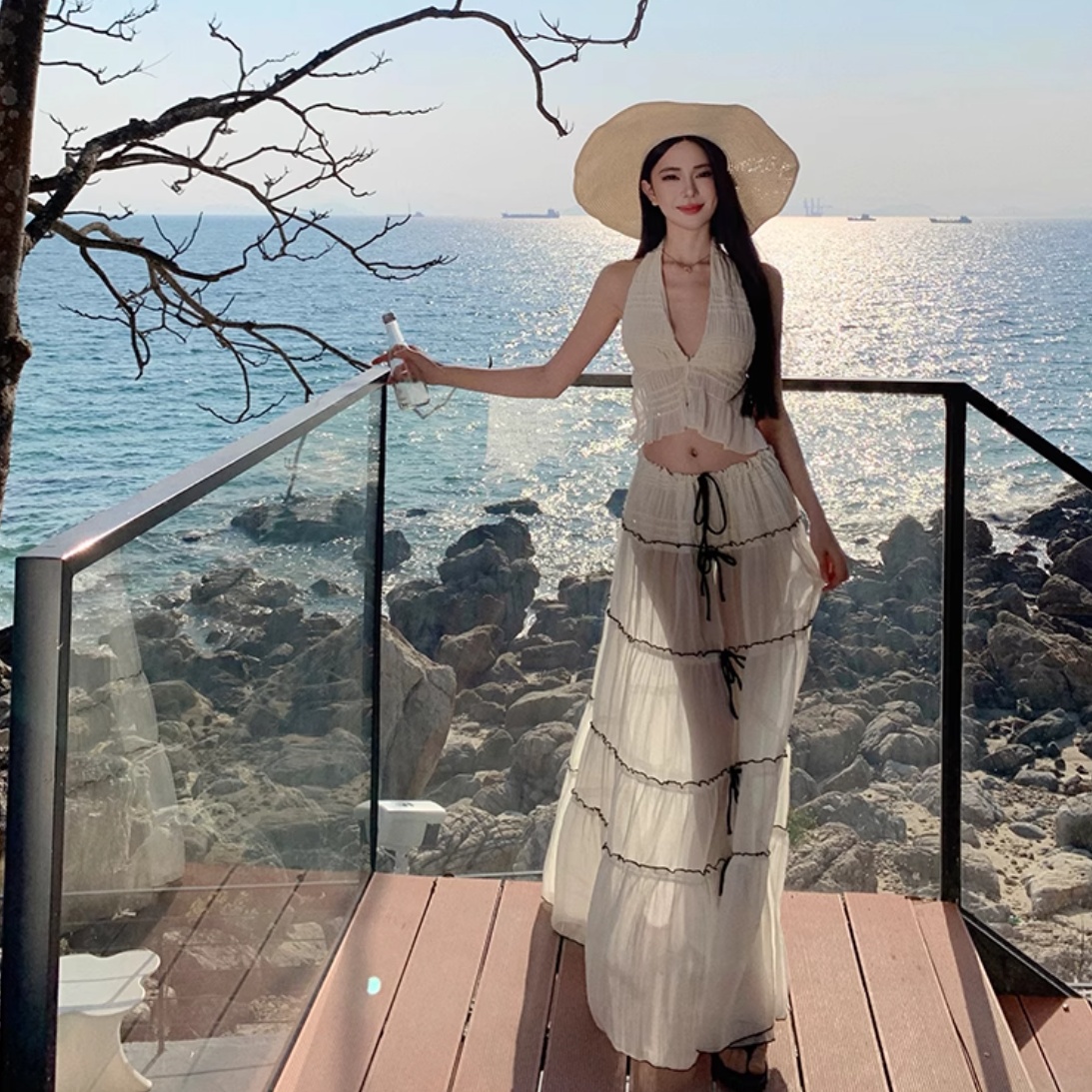 Backless Lace Up Slim Top Plus Skirt Suit