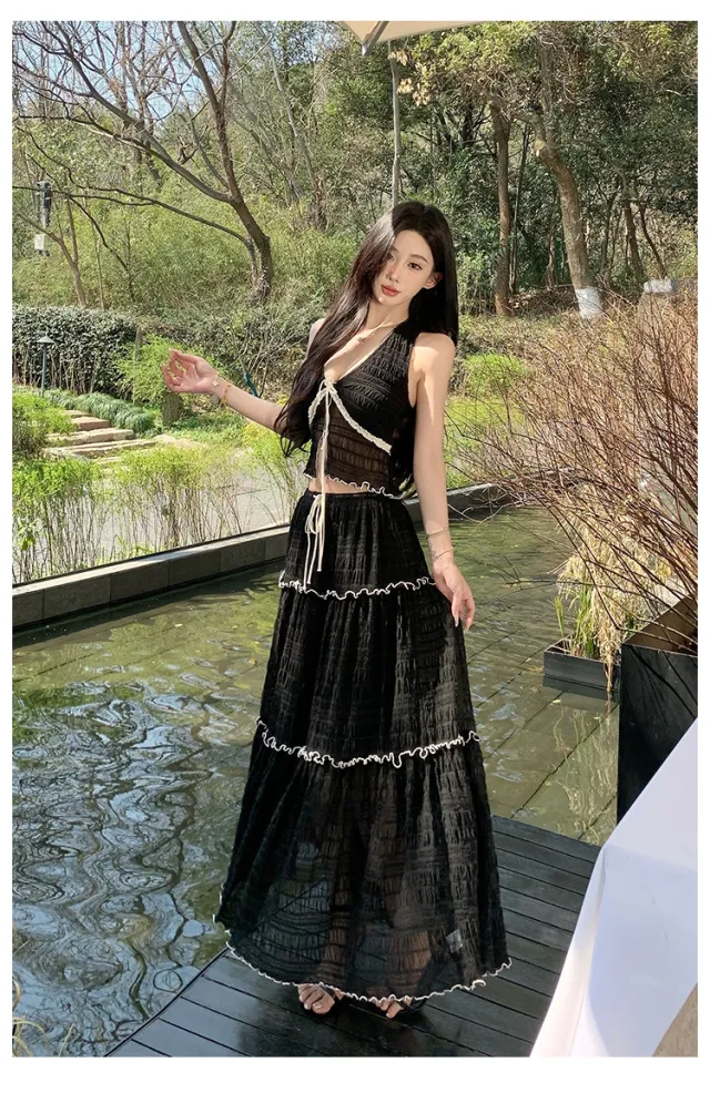 Backless Lace Up Slim Top Plus Skirt Suit Black - Shop at LoveMi