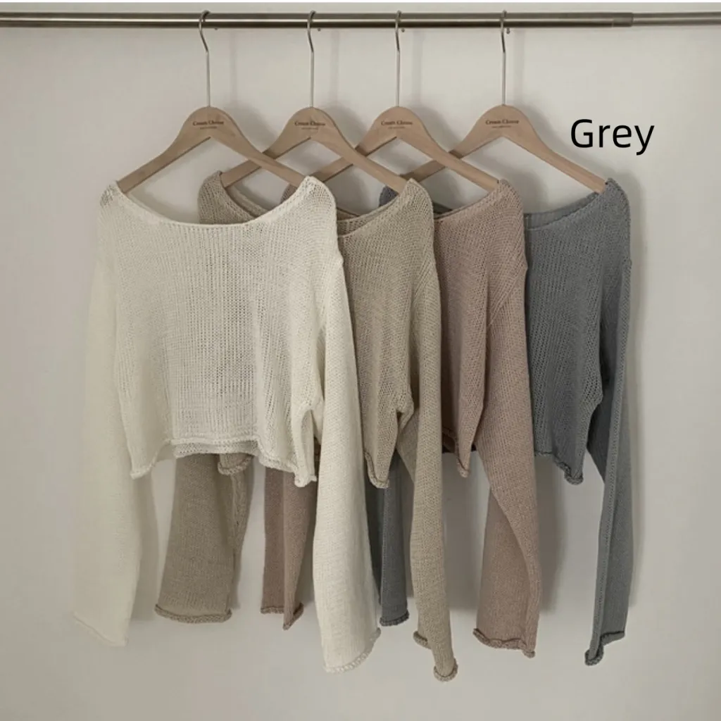 Off-neck Casual Sun-proof Blouse Thin Knitted Top - Grey