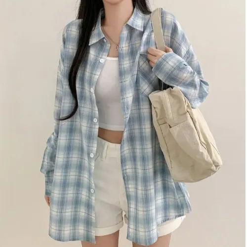 Blue Plaid Shirt For Women Loose Long Sleeve Jacket Light Blue - Shop at LoveMi