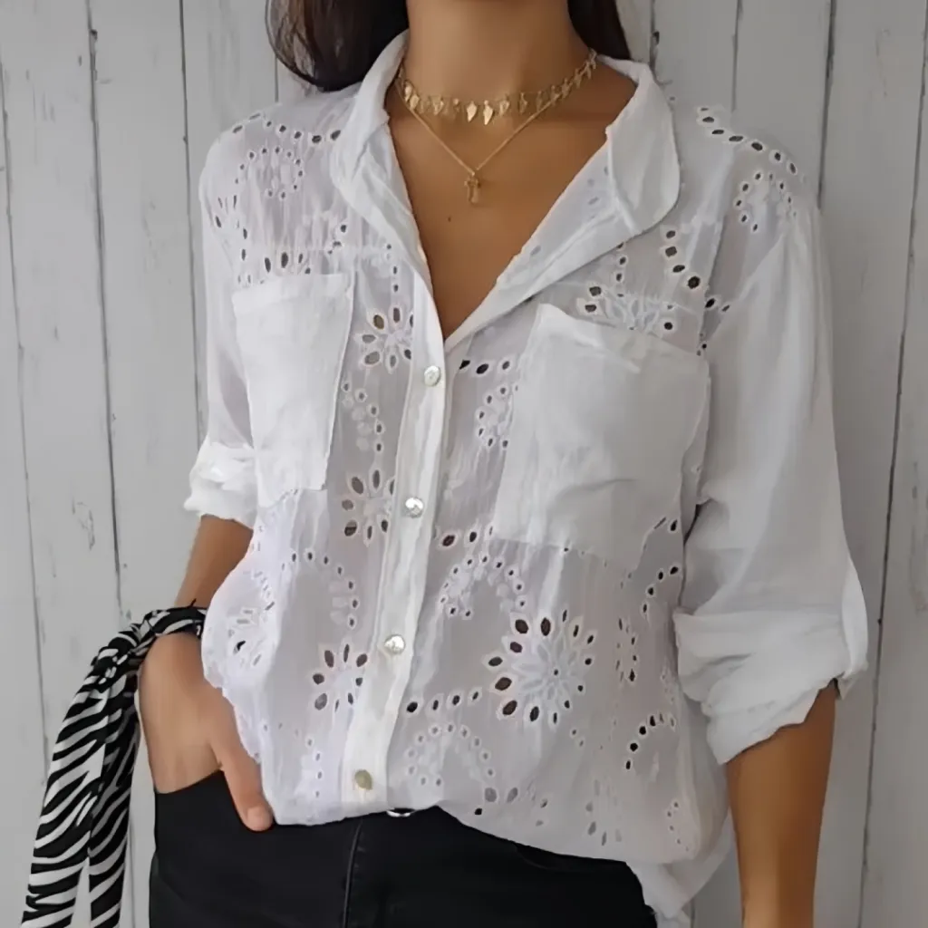 Women's Casual Hollow-out Design Pocket Long Sleeve Button-down Shirt - White