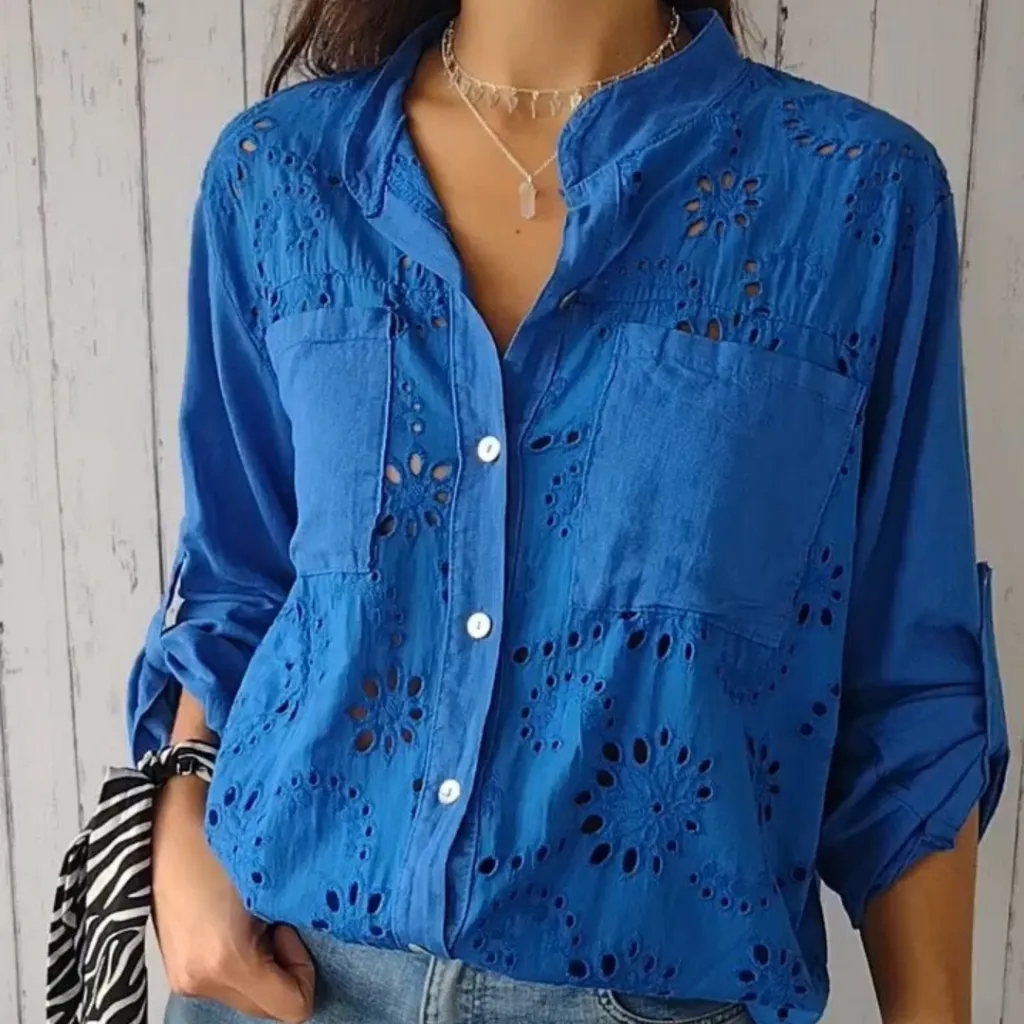 Women's Casual Hollow-out Design Pocket Long Sleeve Button-down Shirt - Blue