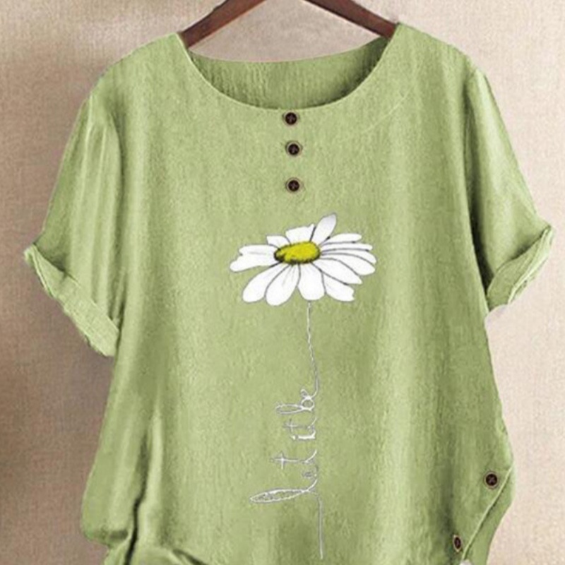 New European And American Loose Round Neck Print Button Top Women's Summer