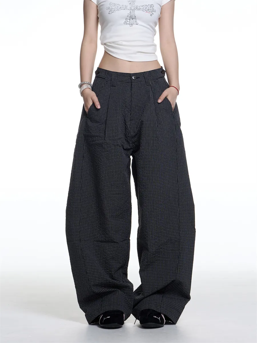 American Retro Plaid Lazy Wide Leg Machete Casual Pants For Women - Gray