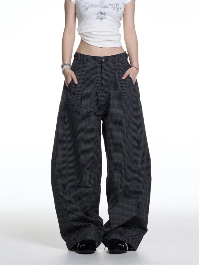 American Retro Plaid Lazy Wide Leg Machete Casual Pants For Women Gray - Shop at LoveMi