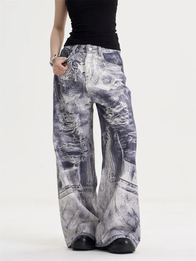 American Style Retro Washed Distressed Printed Gradient Jeans Women's Loose Straight Blue - Shop at LoveMi