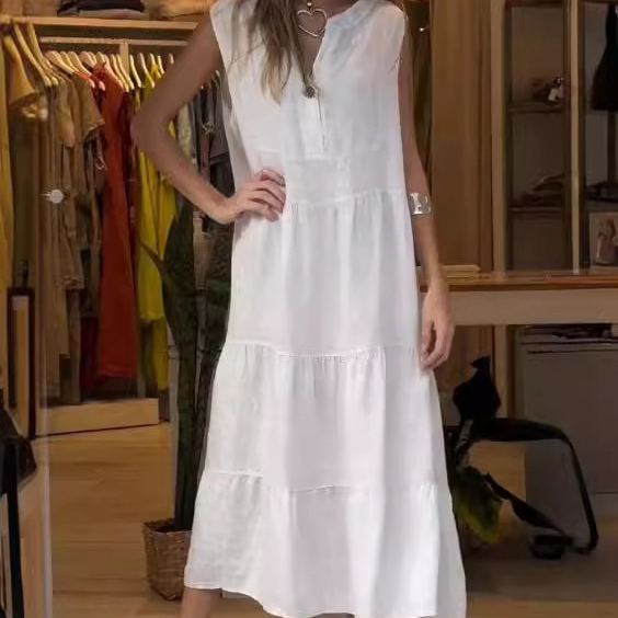 European And American Style Women Cotton Linen Dress Long Dress Women's Clothing White - Shop at LoveMi