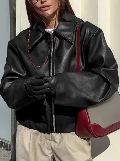 Retro Biker's Style Wine Red European And American Handsome Matte Leather Jacket Coat - Black - View 1