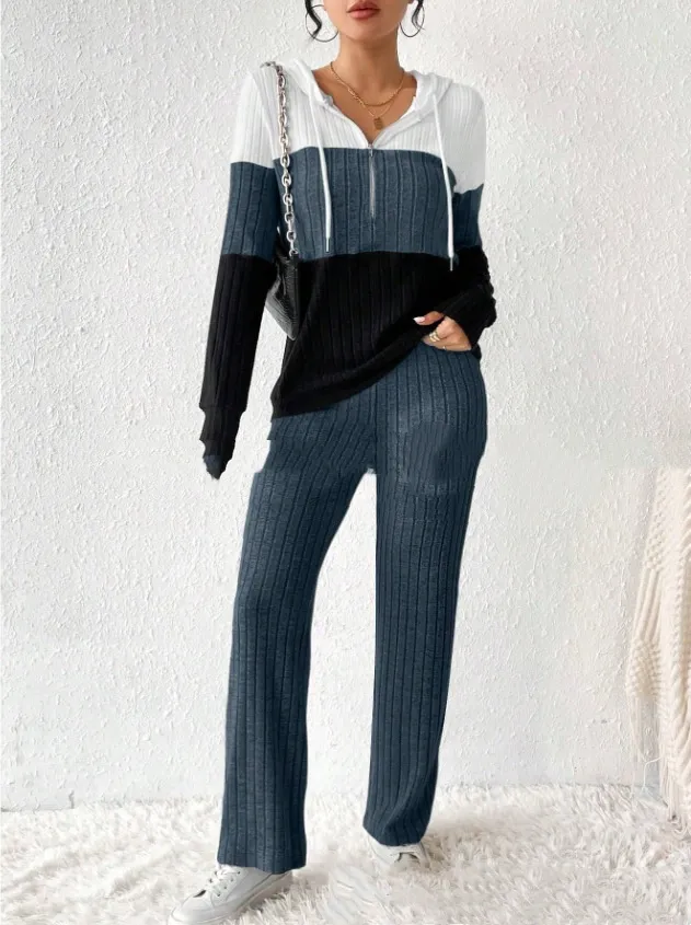 Contrast Color Hooded Zipper Long Sleeve Trousers Suit Knitted White And Blue - Shop at LoveMi