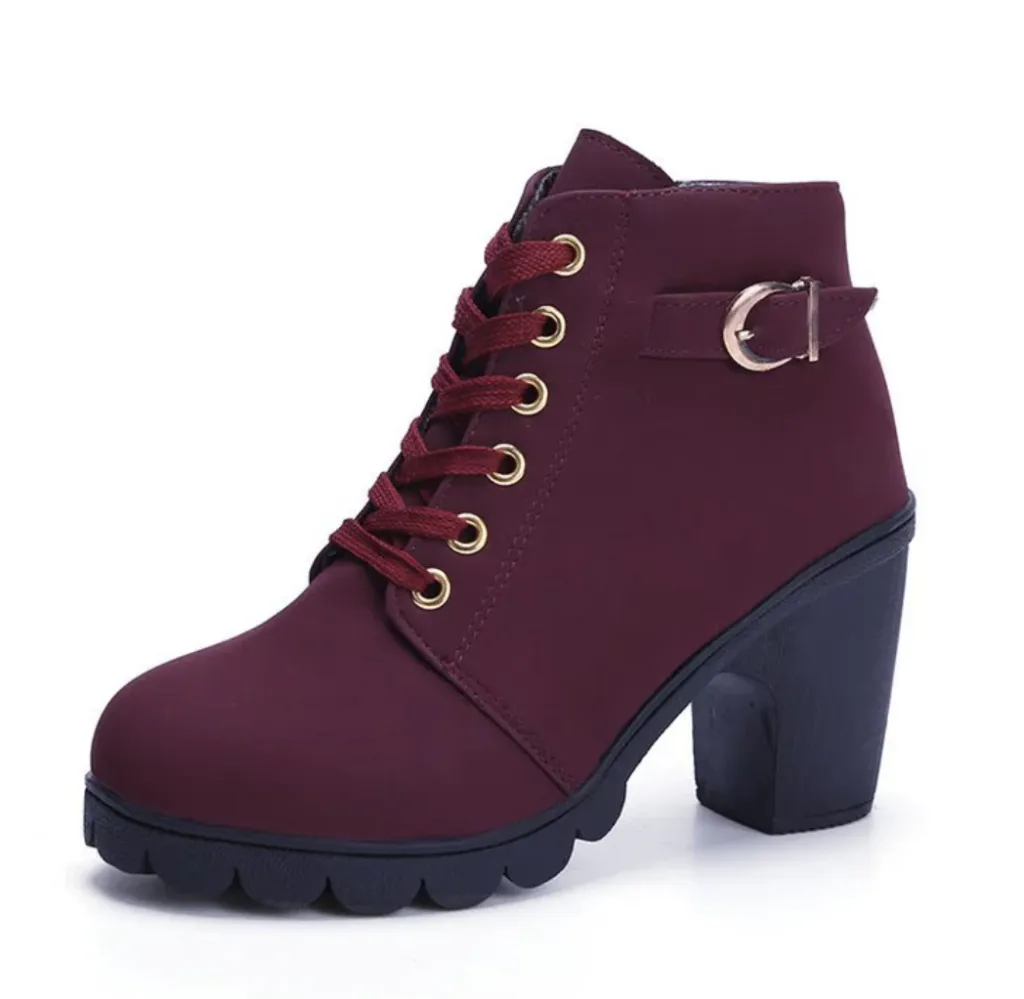 Fashoin Leopard Print Ankle Square Heel Suede Lace-up Zip Boots Women Casual Versatile Shoes Autumn And Winter - Wine