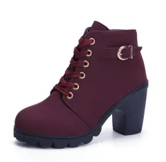 Fashoin Leopard Print Ankle Square Heel Suede Lace-up Zip Boots Women Casual Versatile Shoes Autumn And Winter - Wine - View 1