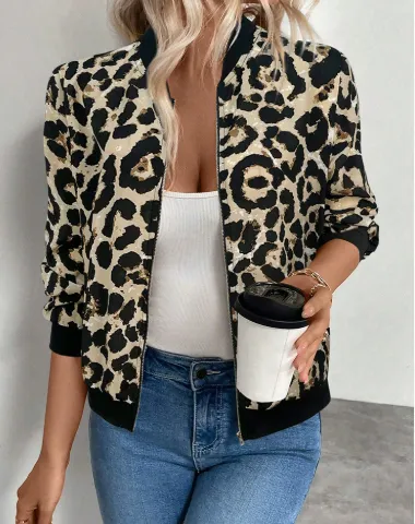 Thin Coat With Zip Slim Fit Slimming Casual Jacket Top - Light Leopard Print Color