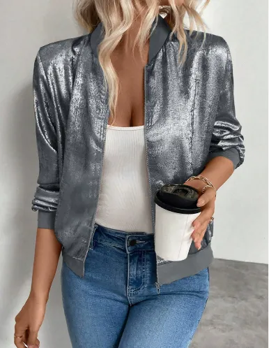 Thin Coat With Zip Slim Fit Slimming Casual Jacket Top Dark Silver - Shop at LoveMi