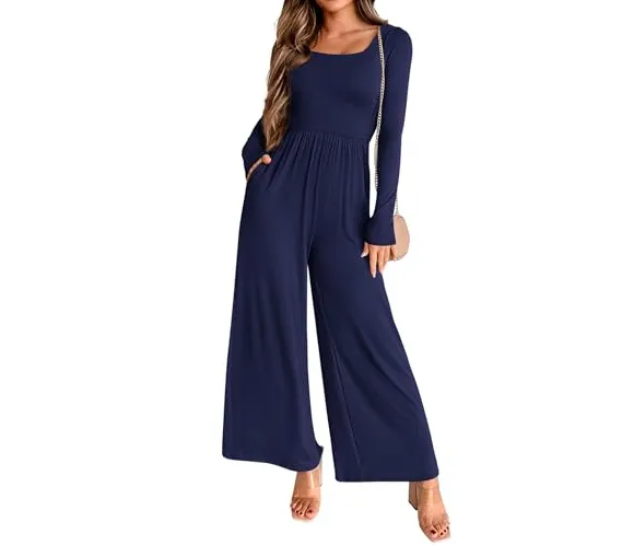 Autumn And Winter Draping Solid Color Sports Long Sleeve Jumpsuit Wide leg Pants Navy Blue - Shop at LoveMi