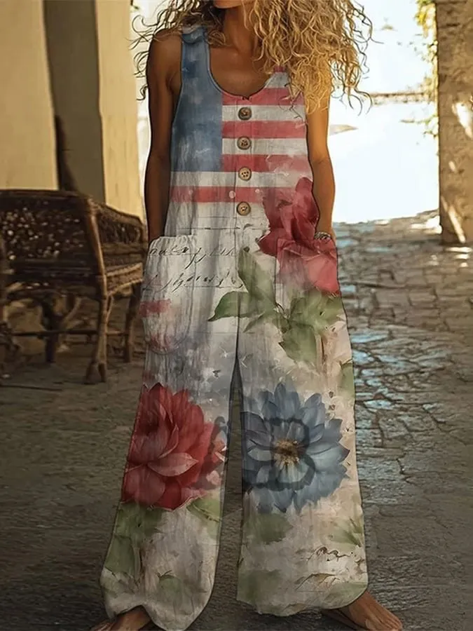 Women's Vest With Pockets Fashion Floral Jumpsuit - S
