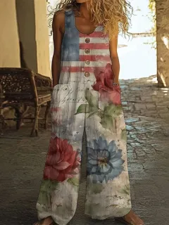 Women's Vest With Pockets Fashion Floral Jumpsuit - S - View 1