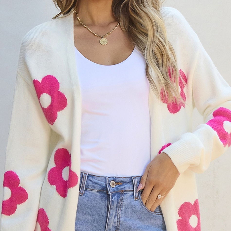 Rose Red Flower Pattern Open Front Cardigan