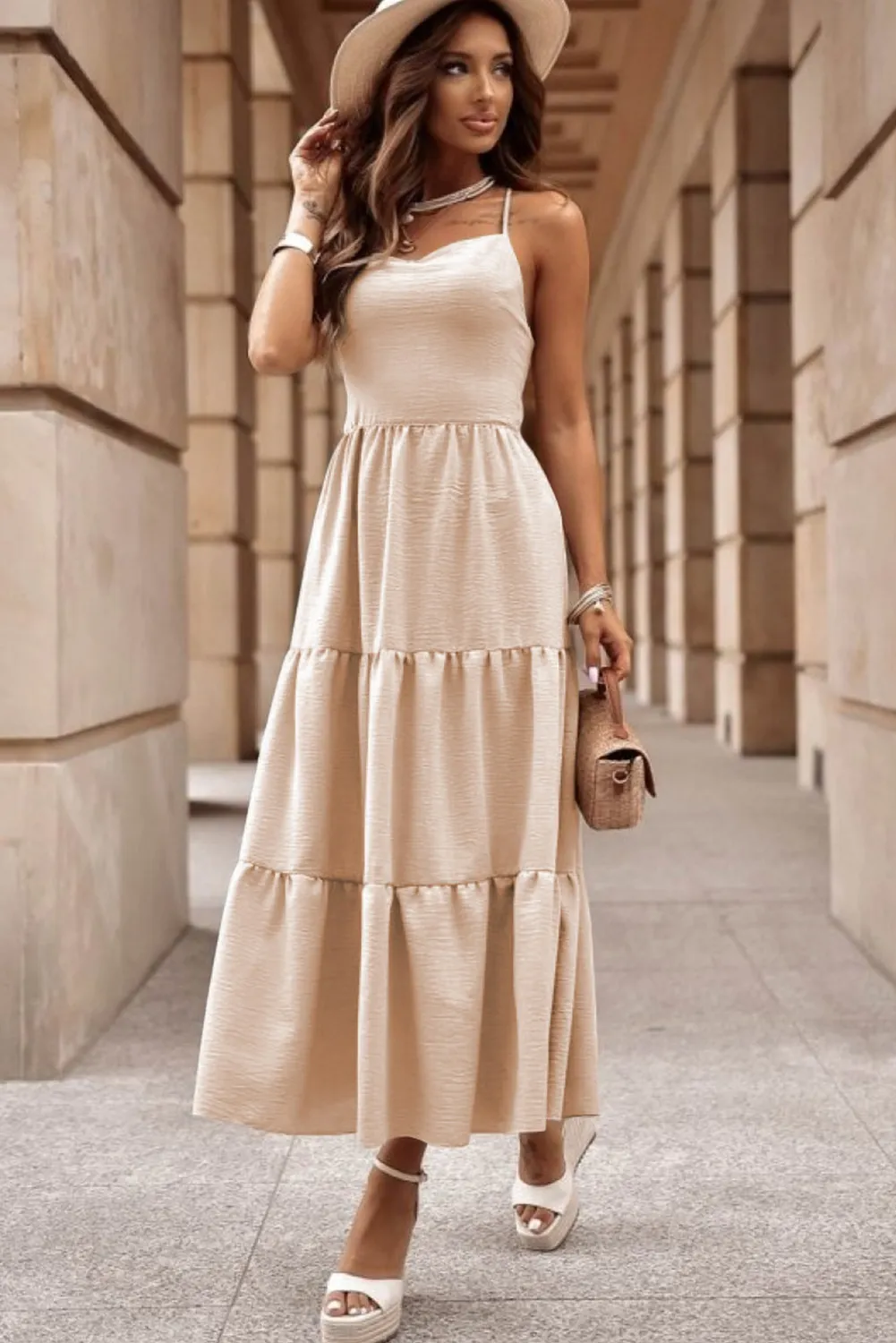 Oatmeal Crossover Backless Bodice Tiered Maxi Dress - Oatmeal