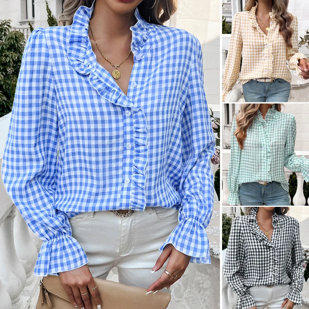 Women's French-style Plaid Shirt With Wooden Ears