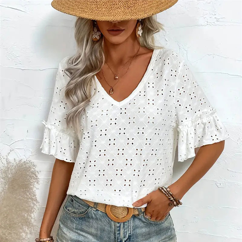 Ruffled Short Sleeves White Boho Womens Top