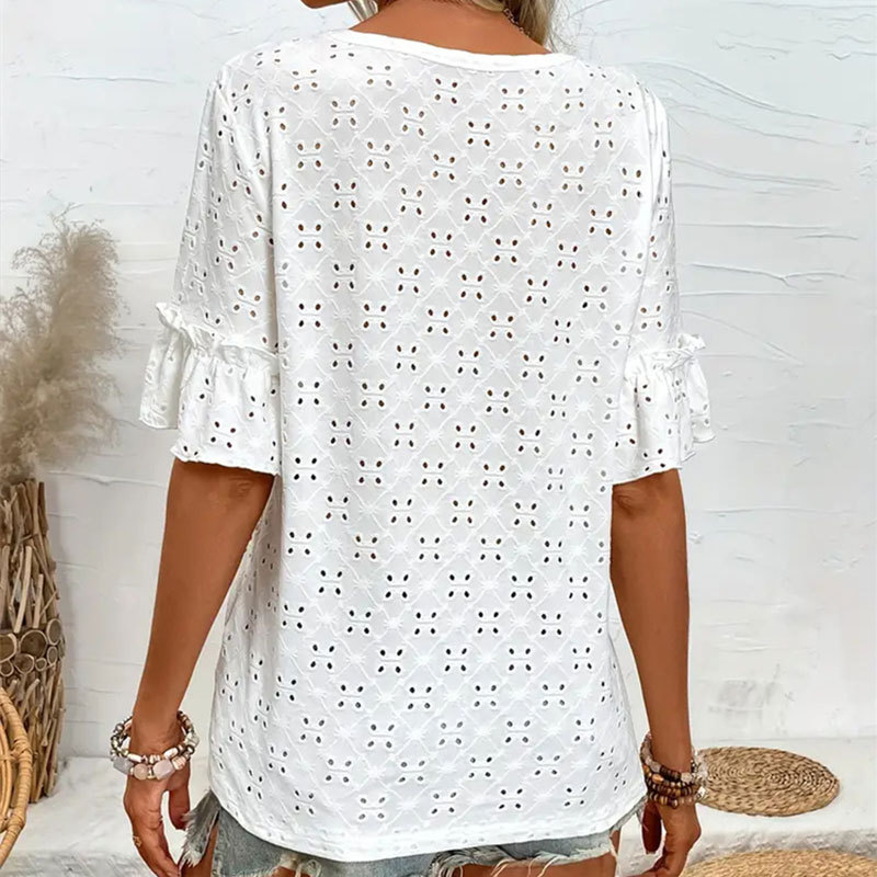 Ruffled Short Sleeves White Boho Womens Top