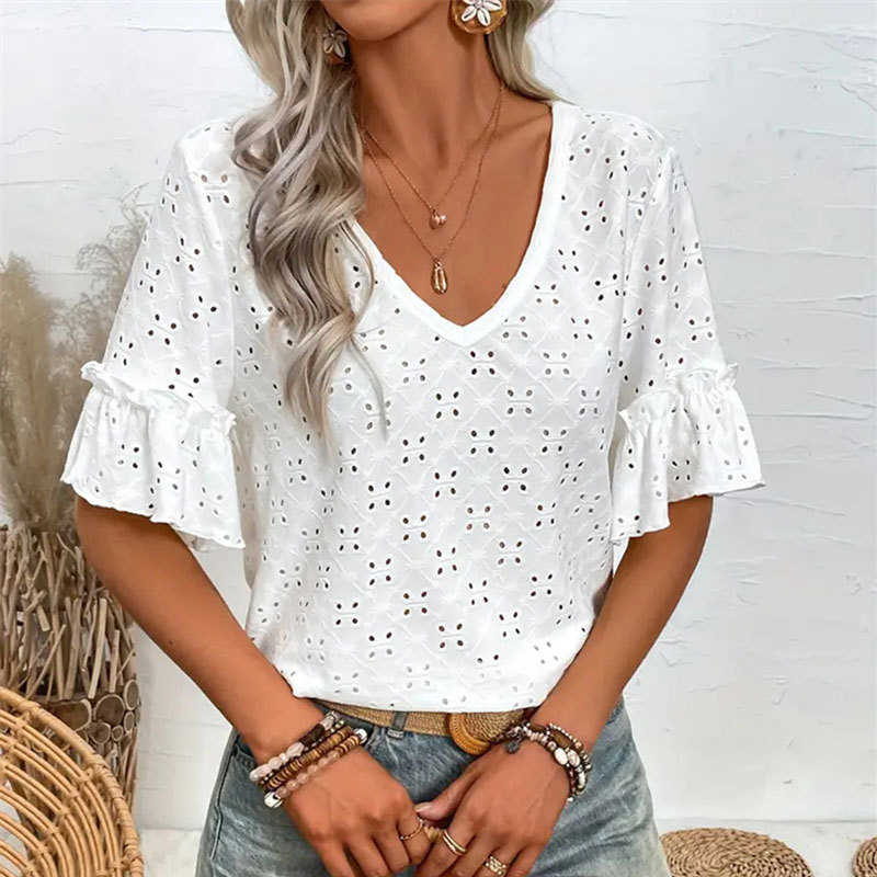 Ruffled Short Sleeves White Boho Womens Top