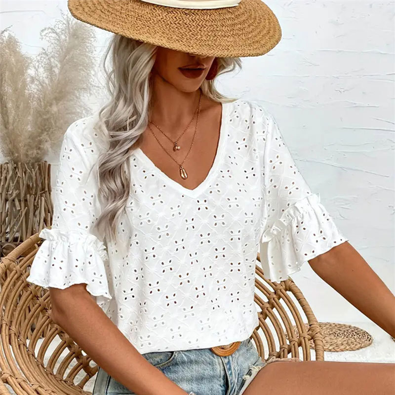 Ruffled Short Sleeves White Boho Womens Top
