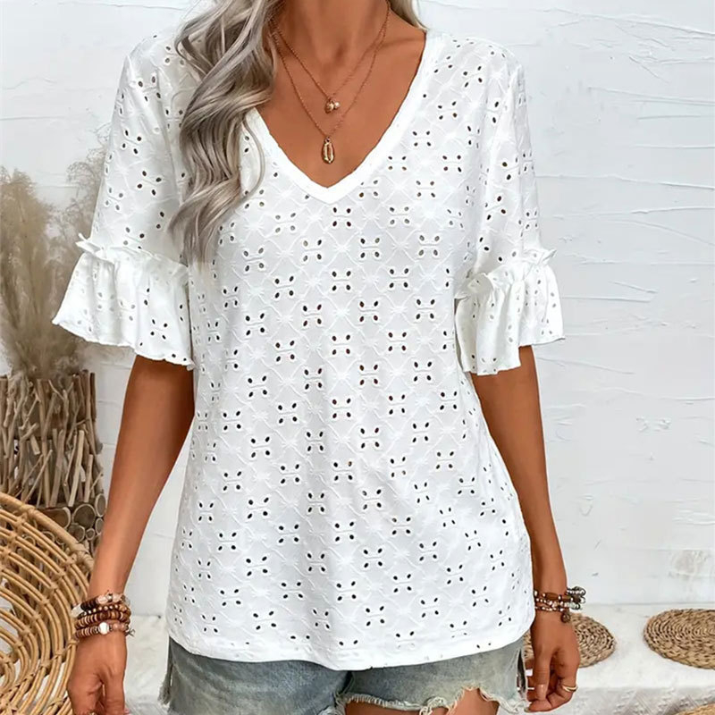 Ruffled Short Sleeves White Boho Womens Top