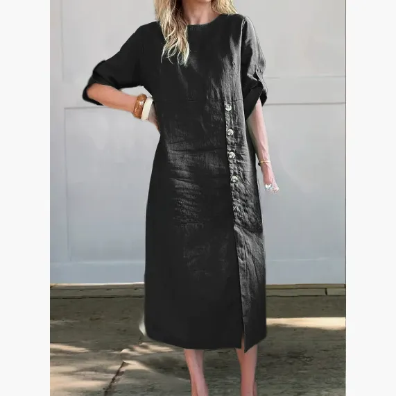 Round Neck Short Sleeve Button Split Mid-length Casual Dress - Black