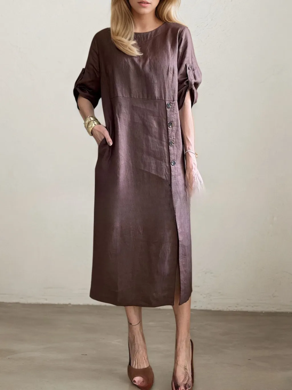 Round Neck Short Sleeve Button Split Mid-length Casual Dress - Brown