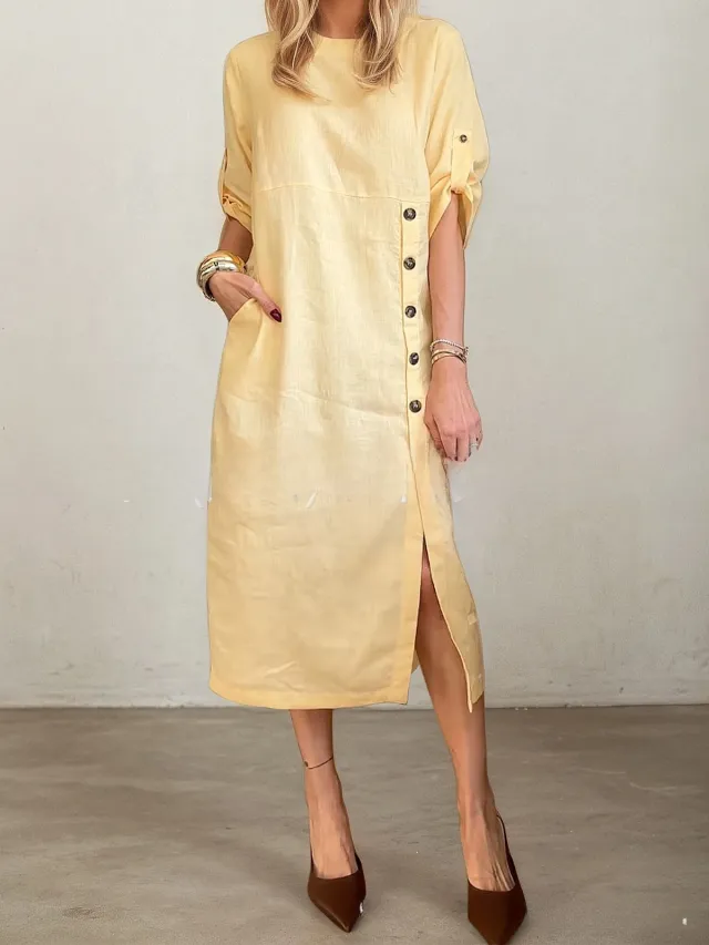 Round Neck Short Sleeve Button Split Mid length Casual Dress Yellow - Shop at LoveMi