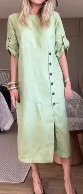 Round Neck Short Sleeve Button Split Mid length Casual Dress Light Green - Shop at LoveMi