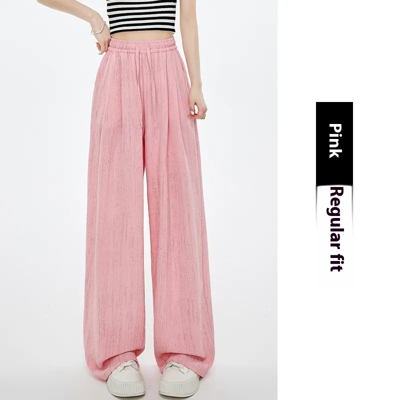 High Waist Drawstring Texture Feeling Lazy American Casual Mopping Pants - Pink
