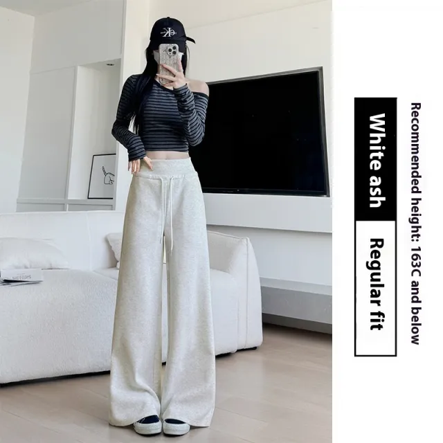 Loose Drooping Straight leg Pants Sweatpants High Waist Slimming American Wide Leg Pants White And Gray Regular - Shop at LoveMi