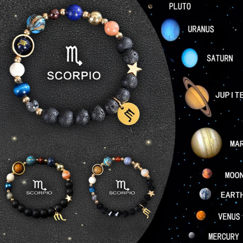 Men’s Zodiac Beaded Bracelet Lava Stone Planet Beads Adjustable Astrology Gift