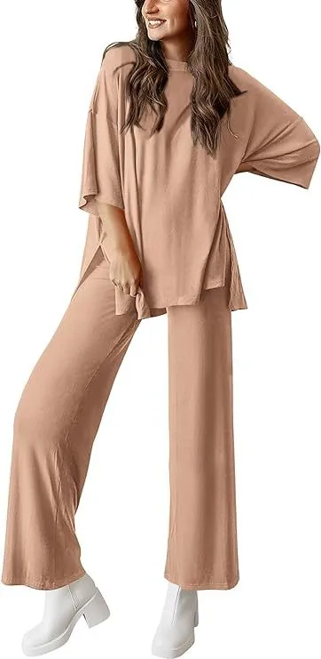 Casual Short sleeved Pullover Top Wide leg Pants Casual Suit Khaki - Shop at LoveMi