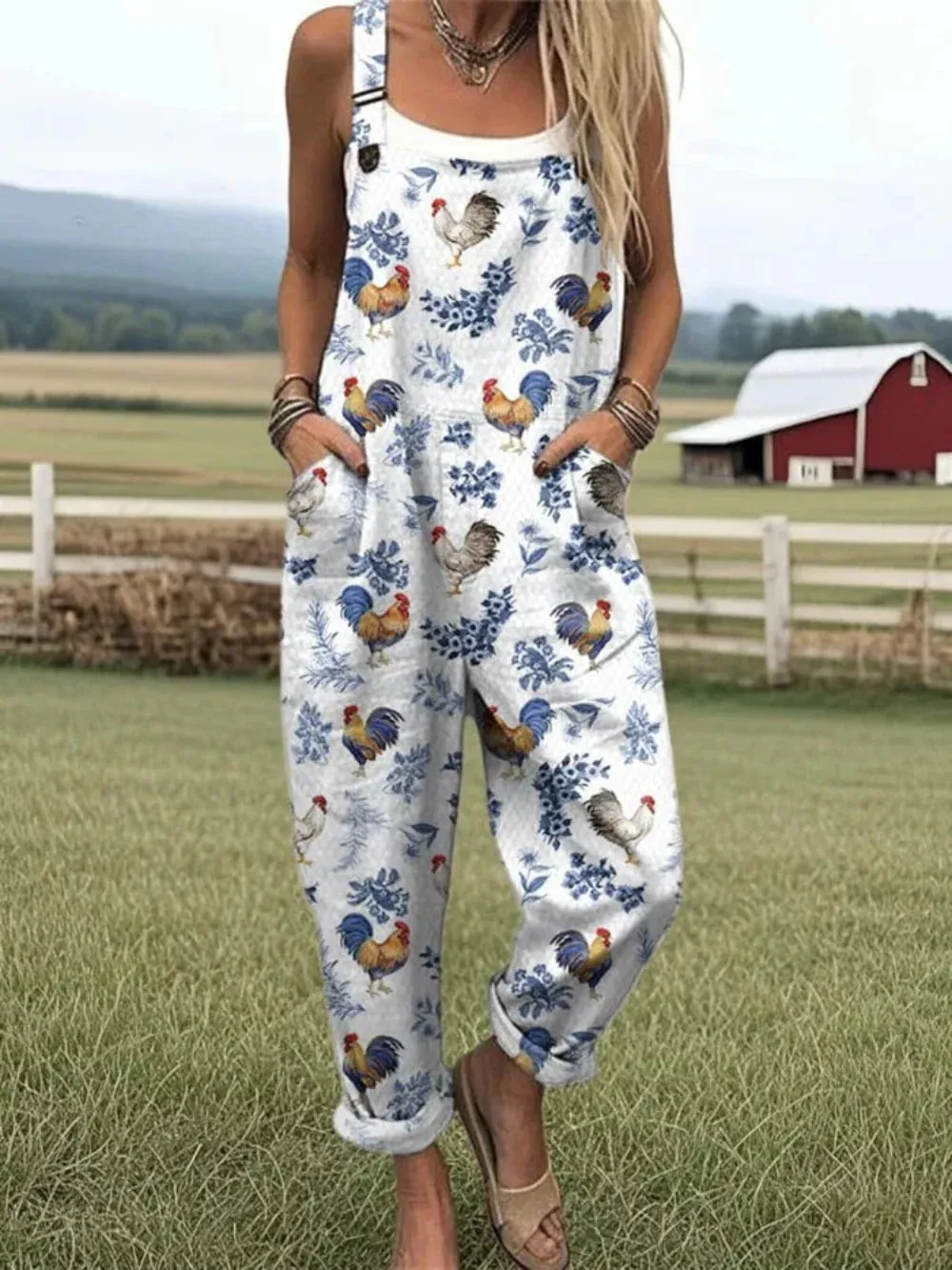 Women's Summer Digital Printing Button Casual Suspender Trousers - White Cock