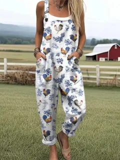 Women's Summer Digital Printing Button Casual Suspender Trousers - White Cock - View 1