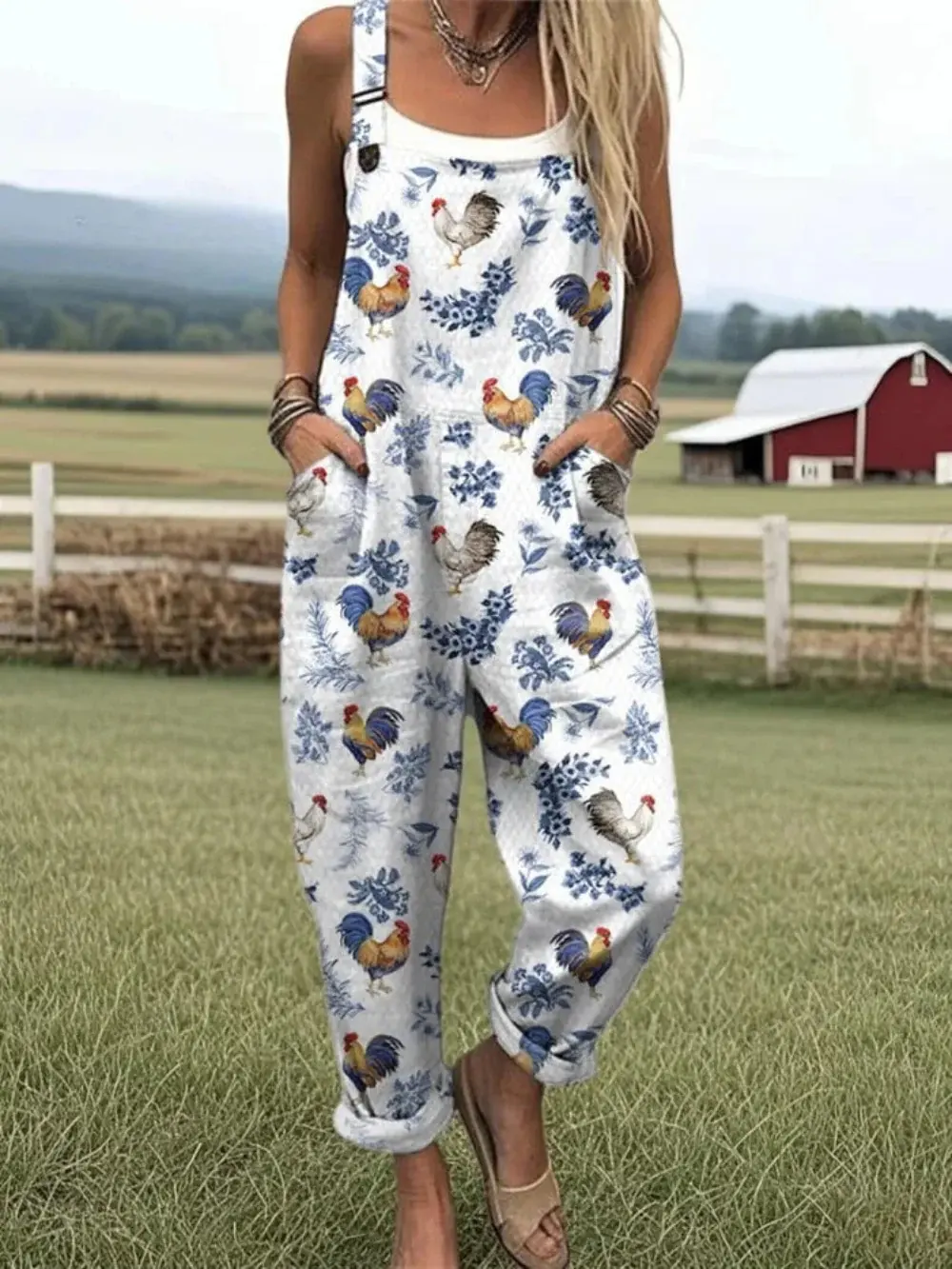 Women's Summer Digital Printing Button Casual Suspender Trousers